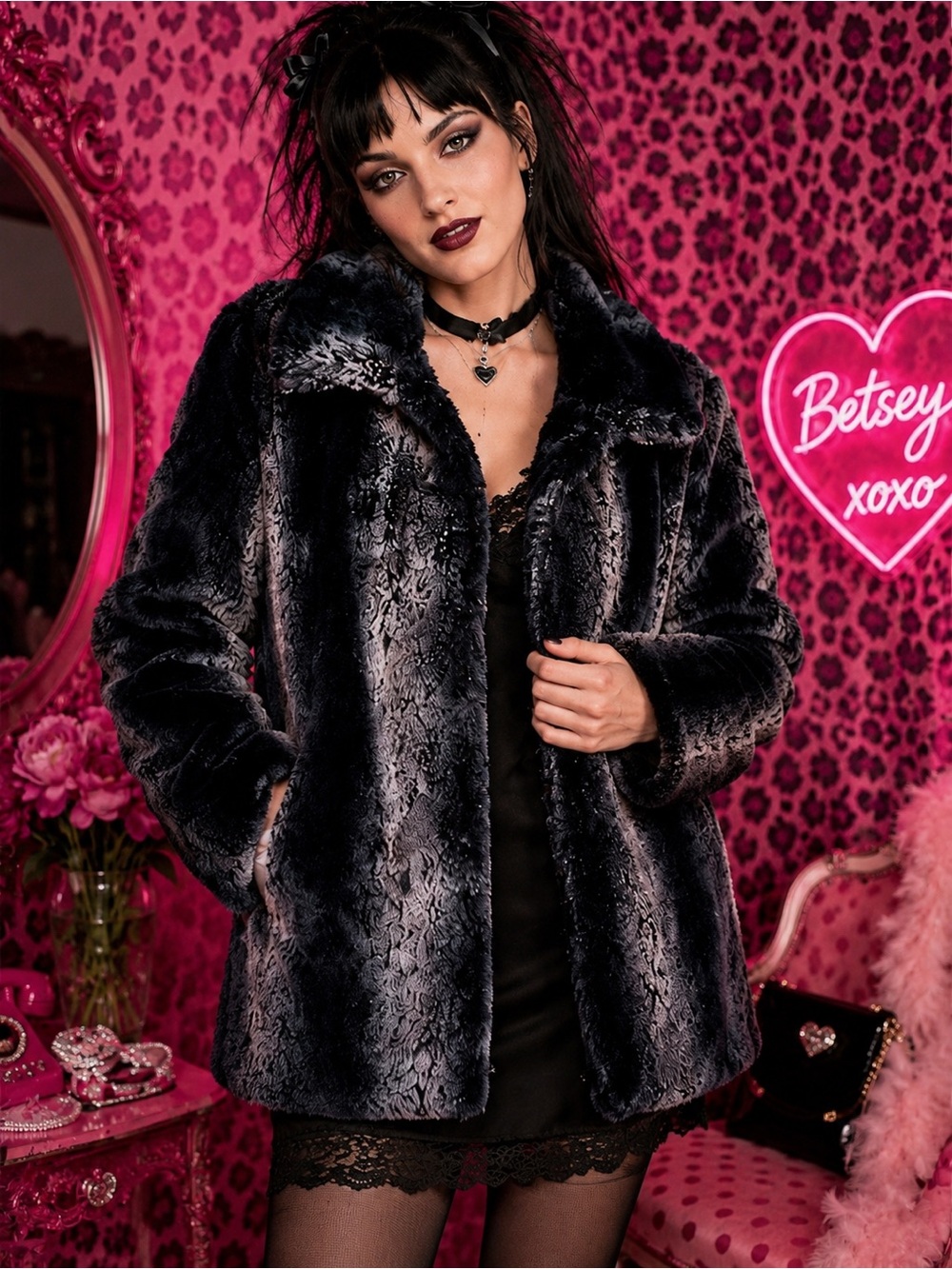 Betsey Johnson Vintage Black Faux Fur Coat Y2K Goth Glam
